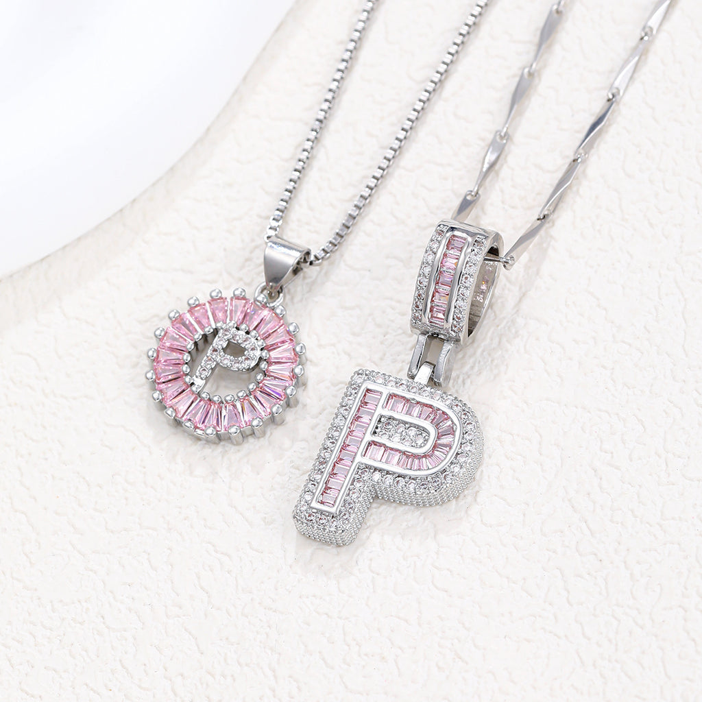 Hot-Selling Full Diamond Pink Rock Candy 26 Letter Pendant Necklace for Women Copper Inlaid Zircon Round Flower Jewelry Set 