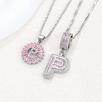 Hot-Selling Full Diamond Pink Rock Candy 26 Letter Pendant Necklace for Women Copper Inlaid Zircon Round Flower Jewelry Set 