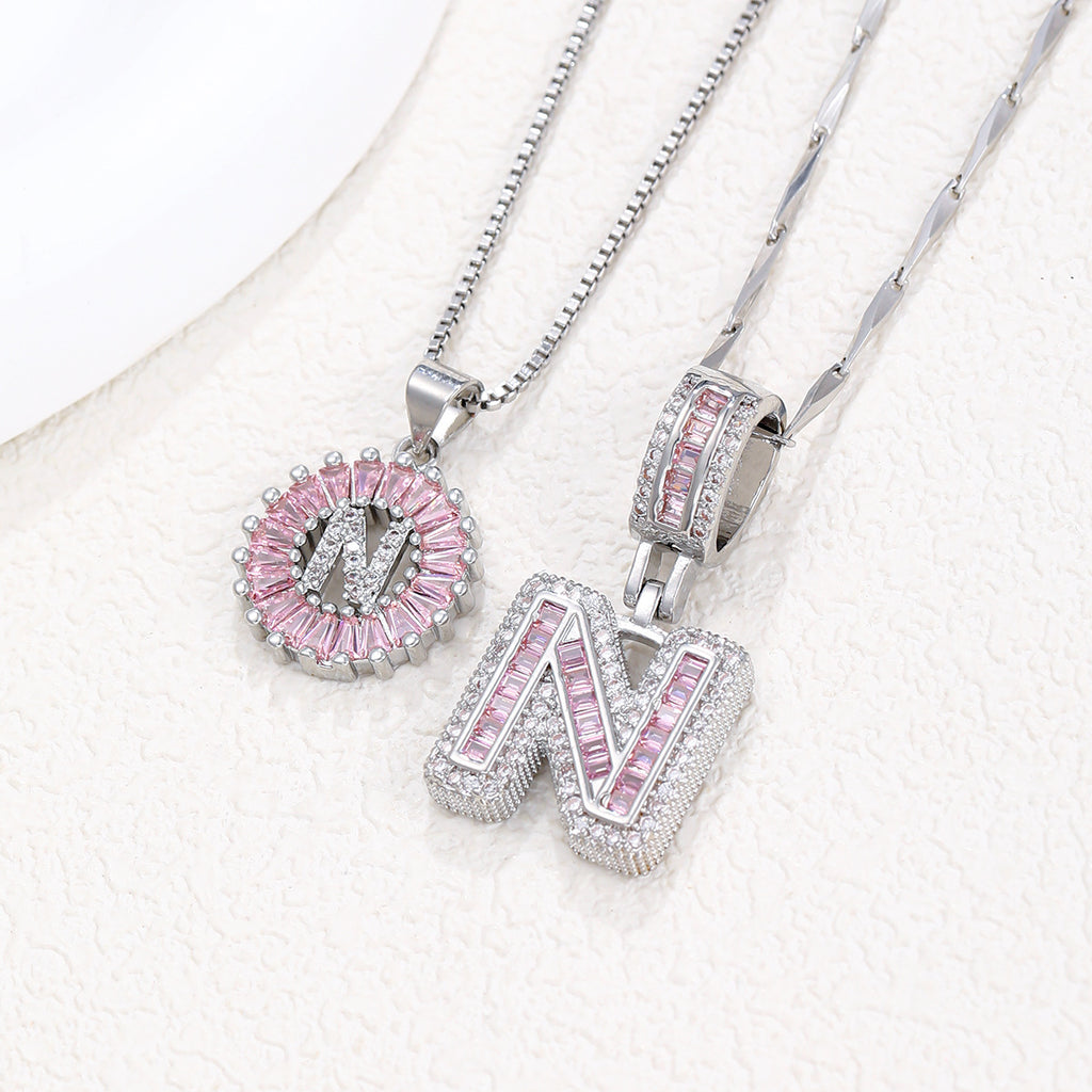 Hot-Selling Full Diamond Pink Rock Candy 26 Letter Pendant Necklace for Women Copper Inlaid Zircon Round Flower Jewelry Set 