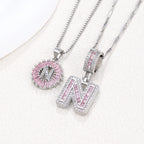 Hot-Selling Full Diamond Pink Rock Candy 26 Letter Pendant Necklace for Women Copper Inlaid Zircon Round Flower Jewelry Set 