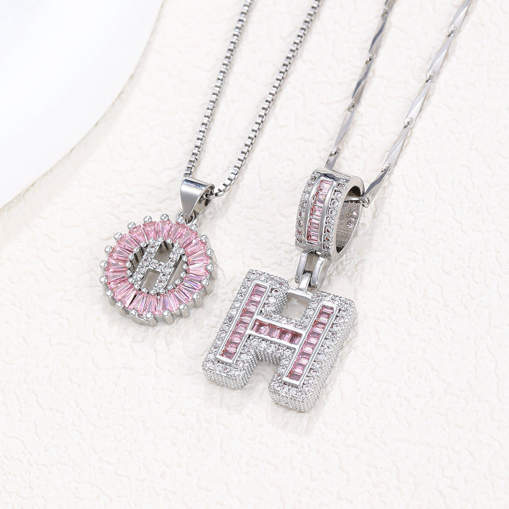 Hot-Selling Full Diamond Pink Rock Candy 26 Letter Pendant Necklace for Women Copper Inlaid Zircon Round Flower Jewelry Set 