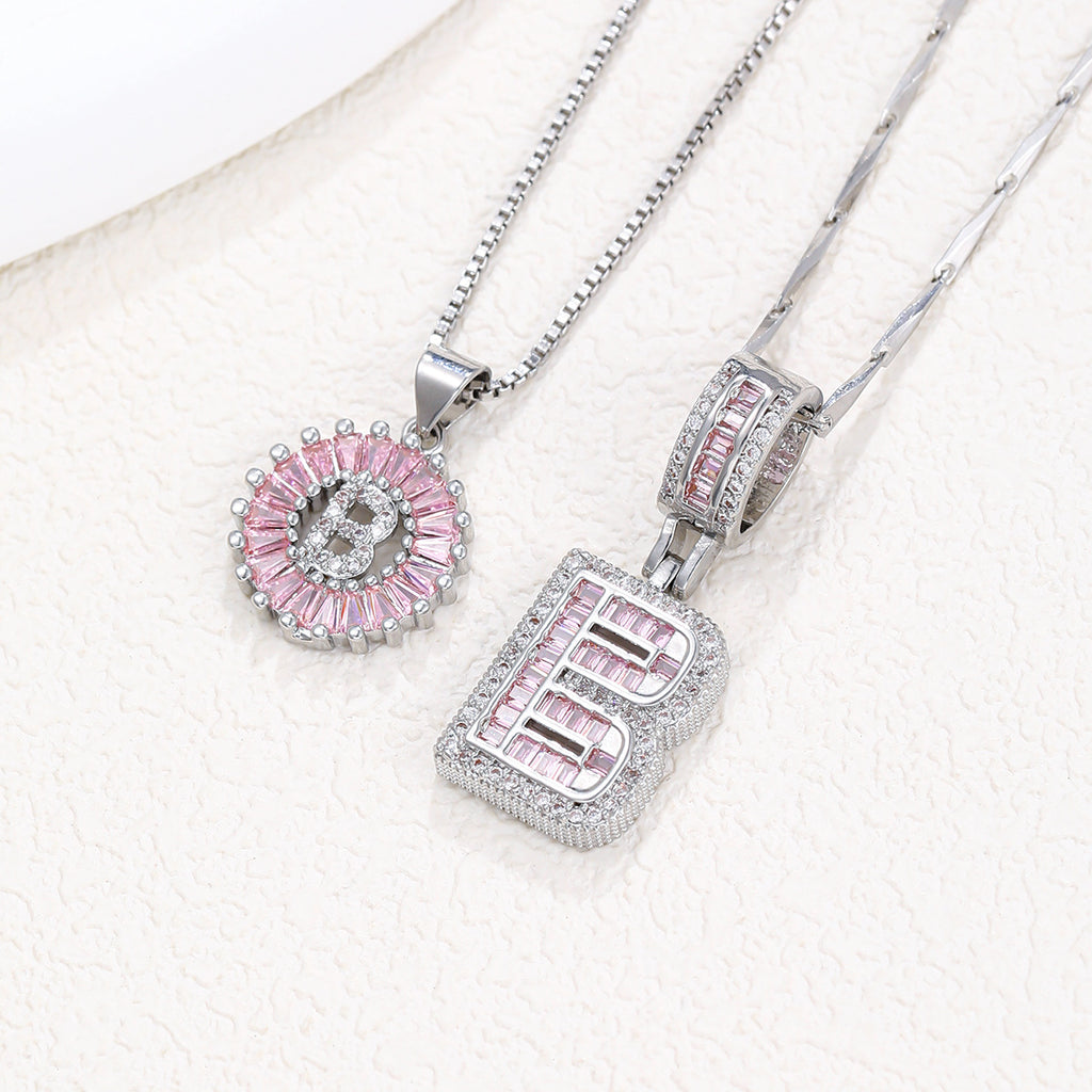 Hot-Selling Full Diamond Pink Rock Candy 26 Letter Pendant Necklace for Women Copper Inlaid Zircon Round Flower Jewelry Set 