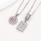 Hot-Selling Full Diamond Pink Rock Candy 26 Letter Pendant Necklace for Women Copper Inlaid Zircon Round Flower Jewelry Set 