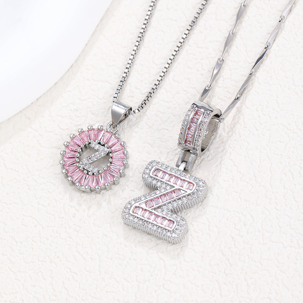 Hot-Selling Full Diamond Pink Rock Candy 26 Letter Pendant Necklace for Women Copper Inlaid Zircon Round Flower Jewelry Set 