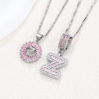 Hot-Selling Full Diamond Pink Rock Candy 26 Letter Pendant Necklace for Women Copper Inlaid Zircon Round Flower Jewelry Set 