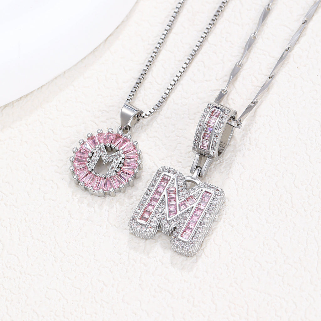 Hot-Selling Full Diamond Pink Rock Candy 26 Letter Pendant Necklace for Women Copper Inlaid Zircon Round Flower Jewelry Set 