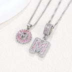 Hot-Selling Full Diamond Pink Rock Candy 26 Letter Pendant Necklace for Women Copper Inlaid Zircon Round Flower Jewelry Set 