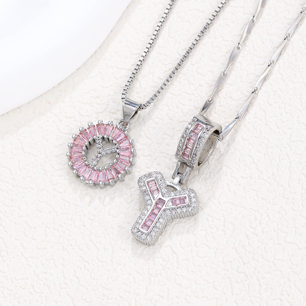 Hot-Selling Full Diamond Pink Rock Candy 26 Letter Pendant Necklace for Women Copper Inlaid Zircon Round Flower Jewelry Set 