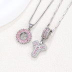Hot-Selling Full Diamond Pink Rock Candy 26 Letter Pendant Necklace for Women Copper Inlaid Zircon Round Flower Jewelry Set 