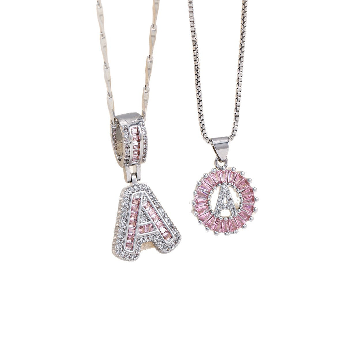 Hot-Selling Full Diamond Pink Rock Candy 26 Letter Pendant Necklace for Women Copper Inlaid Zircon Round Flower Jewelry Set 