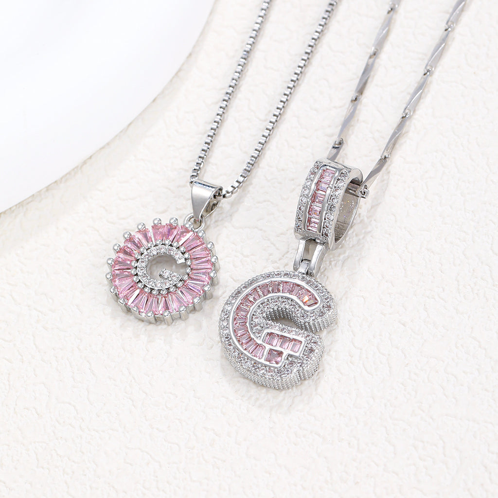 Hot-Selling Full Diamond Pink Rock Candy 26 Letter Pendant Necklace for Women Copper Inlaid Zircon Round Flower Jewelry Set 