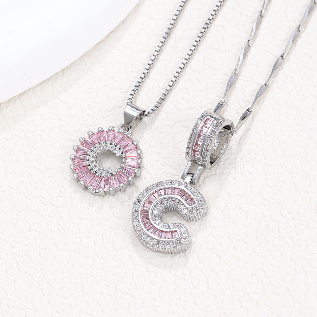 Hot-Selling Full Diamond Pink Rock Candy 26 Letter Pendant Necklace for Women Copper Inlaid Zircon Round Flower Jewelry Set 