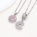 Hot-Selling Full Diamond Pink Rock Candy 26 Letter Pendant Necklace for Women Copper Inlaid Zircon Round Flower Jewelry Set 