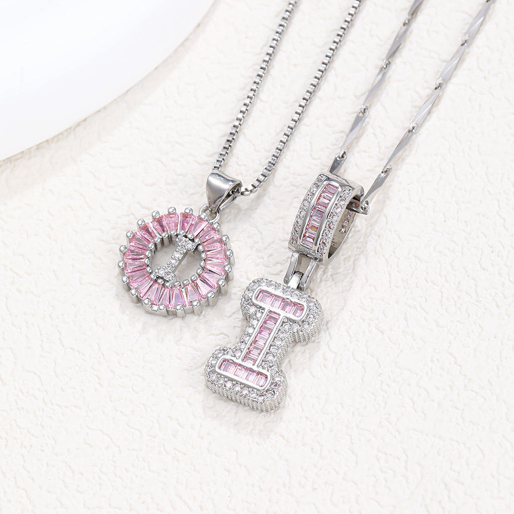 Hot-Selling Full Diamond Pink Rock Candy 26 Letter Pendant Necklace for Women Copper Inlaid Zircon Round Flower Jewelry Set 