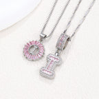 Hot-Selling Full Diamond Pink Rock Candy 26 Letter Pendant Necklace for Women Copper Inlaid Zircon Round Flower Jewelry Set 
