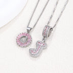 Hot-Selling Full Diamond Pink Rock Candy 26 Letter Pendant Necklace for Women Copper Inlaid Zircon Round Flower Jewelry Set 