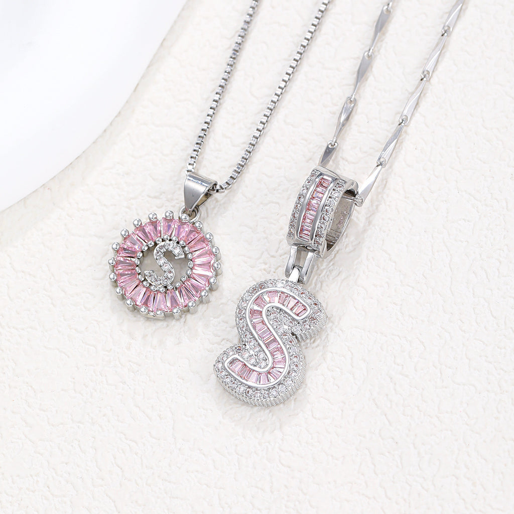 Hot-Selling Full Diamond Pink Rock Candy 26 Letter Pendant Necklace for Women Copper Inlaid Zircon Round Flower Jewelry Set 