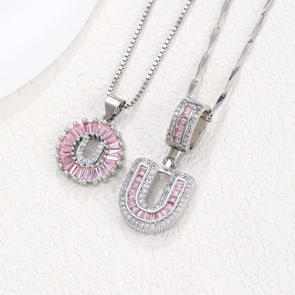 Hot-Selling Full Diamond Pink Rock Candy 26 Letter Pendant Necklace for Women Copper Inlaid Zircon Round Flower Jewelry Set 