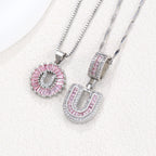 Hot-Selling Full Diamond Pink Rock Candy 26 Letter Pendant Necklace for Women Copper Inlaid Zircon Round Flower Jewelry Set 