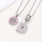 Hot-Selling Full Diamond Pink Rock Candy 26 Letter Pendant Necklace for Women Copper Inlaid Zircon Round Flower Jewelry Set 