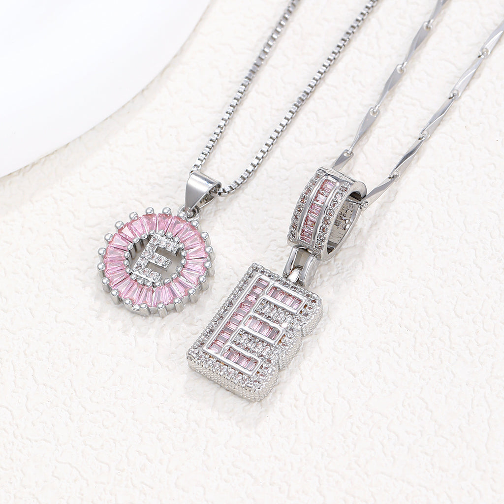 Hot-Selling Full Diamond Pink Rock Candy 26 Letter Pendant Necklace for Women Copper Inlaid Zircon Round Flower Jewelry Set 