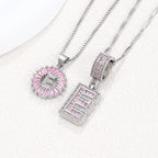 Hot-Selling Full Diamond Pink Rock Candy 26 Letter Pendant Necklace for Women Copper Inlaid Zircon Round Flower Jewelry Set 