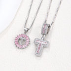 Hot-Selling Full Diamond Pink Rock Candy 26 Letter Pendant Necklace for Women Copper Inlaid Zircon Round Flower Jewelry Set 