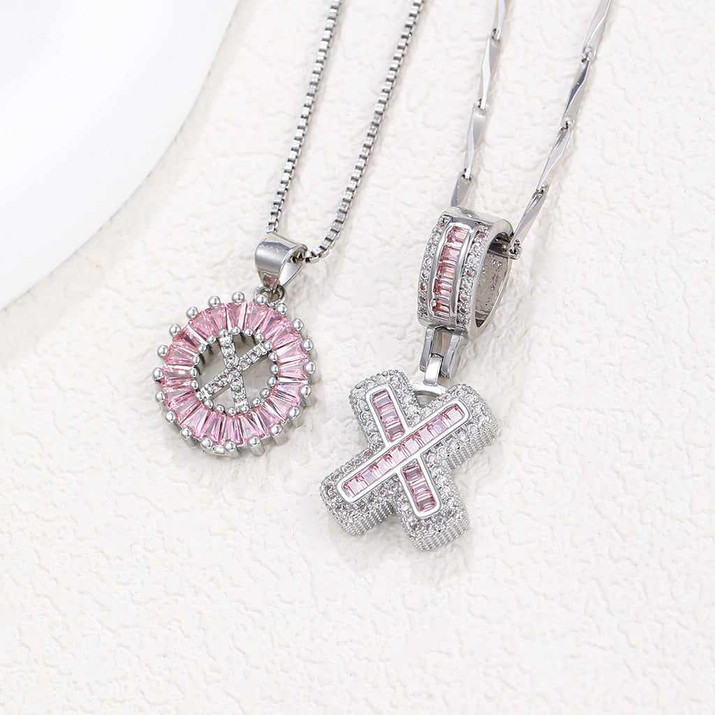 Hot-Selling Full Diamond Pink Rock Candy 26 Letter Pendant Necklace for Women Copper Inlaid Zircon Round Flower Jewelry Set 