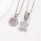 Hot-Selling Full Diamond Pink Rock Candy 26 Letter Pendant Necklace for Women Copper Inlaid Zircon Round Flower Jewelry Set 