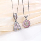 Hot-Selling Full Diamond Pink Rock Candy 26 Letter Pendant Necklace for Women Copper Inlaid Zircon Round Flower Jewelry Set 