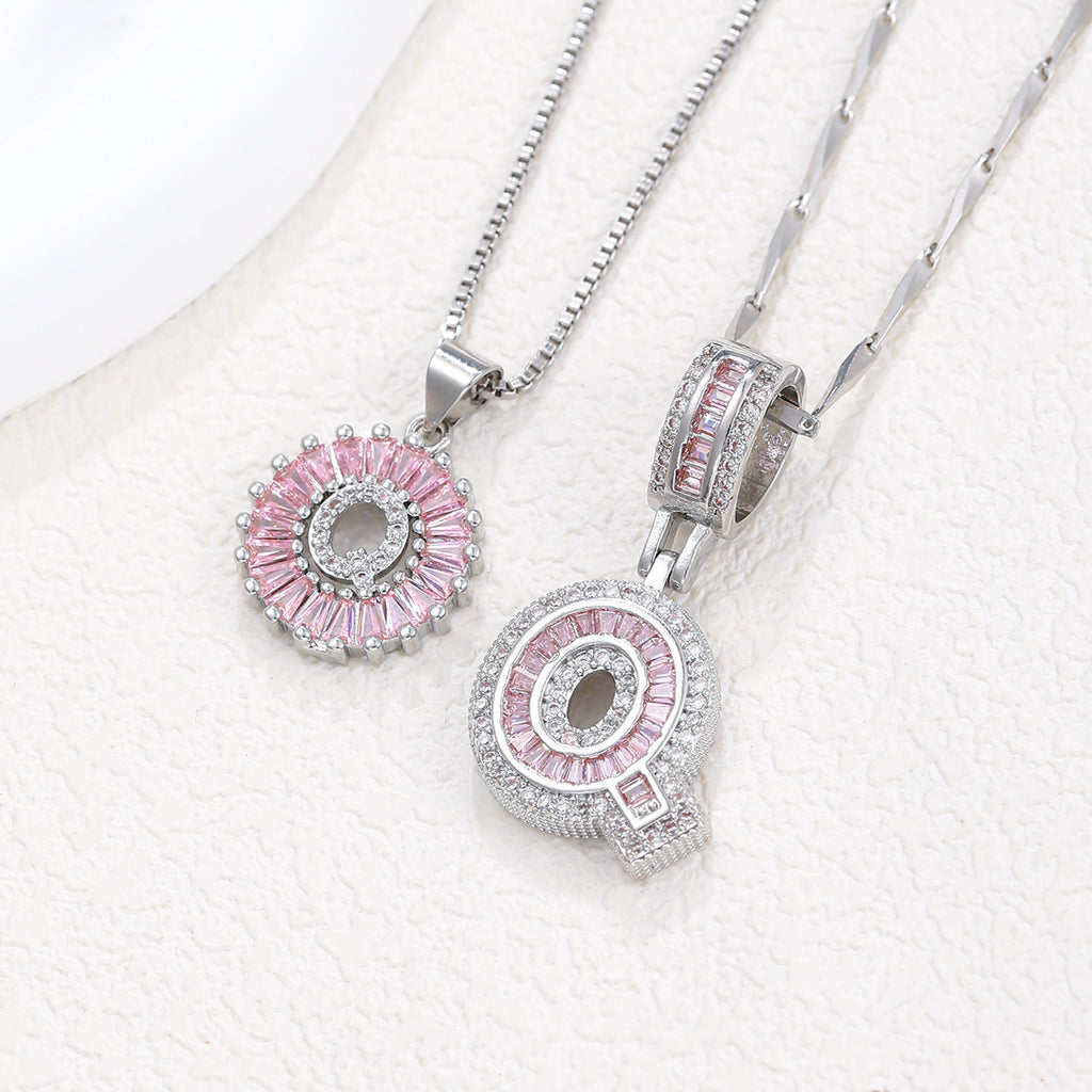 Hot-Selling Full Diamond Pink Rock Candy 26 Letter Pendant Necklace for Women Copper Inlaid Zircon Round Flower Jewelry Set 