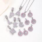 Hot-Selling Full Diamond Pink Rock Candy 26 Letter Pendant Necklace for Women Copper Inlaid Zircon Round Flower Jewelry Set 