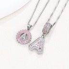 Hot-Selling Full Diamond Pink Rock Candy 26 Letter Pendant Necklace for Women Copper Inlaid Zircon Round Flower Jewelry Set 
