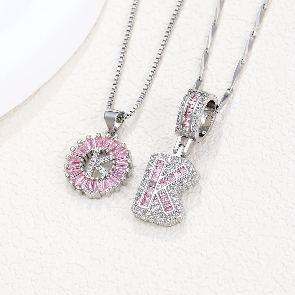 Hot-Selling Full Diamond Pink Rock Candy 26 Letter Pendant Necklace for Women Copper Inlaid Zircon Round Flower Jewelry Set 