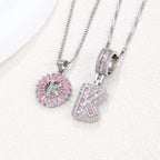 Hot-Selling Full Diamond Pink Rock Candy 26 Letter Pendant Necklace for Women Copper Inlaid Zircon Round Flower Jewelry Set 