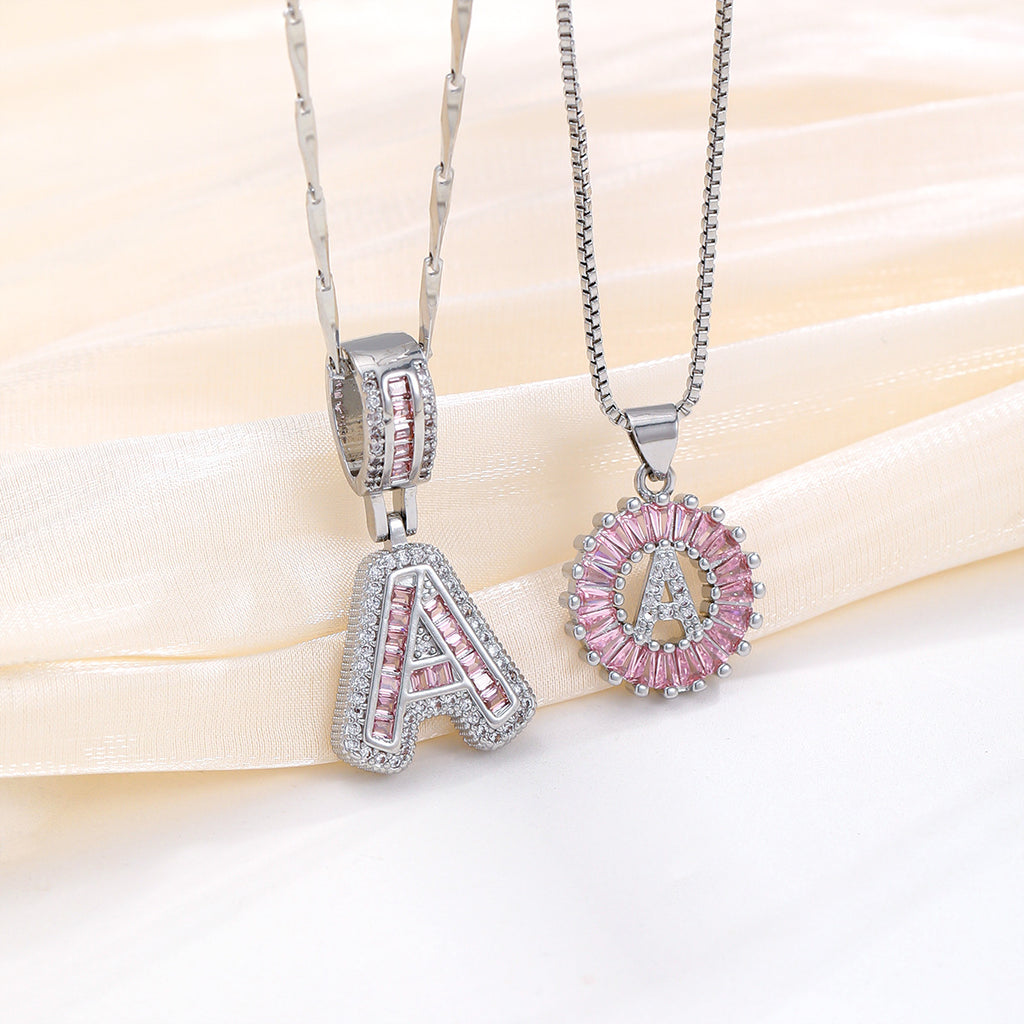 Hot-Selling Full Diamond Pink Rock Candy 26 Letter Pendant Necklace for Women Copper Inlaid Zircon Round Flower Jewelry Set 