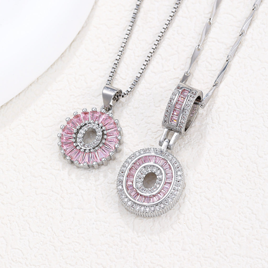 Hot-Selling Full Diamond Pink Rock Candy 26 Letter Pendant Necklace for Women Copper Inlaid Zircon Round Flower Jewelry Set 