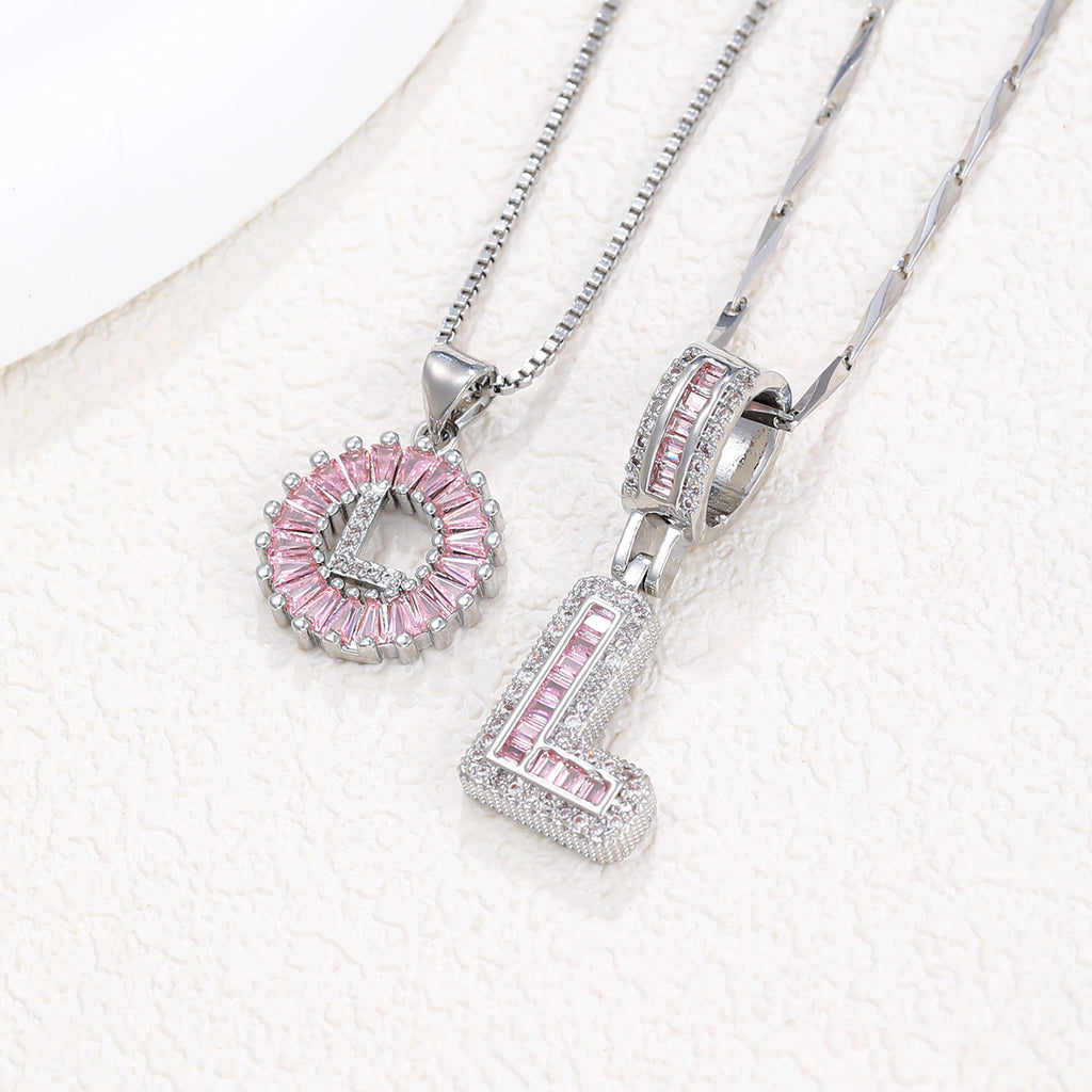 Hot-Selling Full Diamond Pink Rock Candy 26 Letter Pendant Necklace for Women Copper Inlaid Zircon Round Flower Jewelry Set 