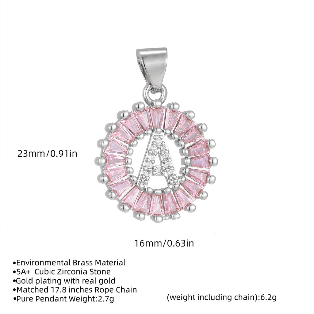 Hot-Selling Full Diamond Pink Rock Candy 26 Letter Pendant Necklace for Women Copper Inlaid Zircon Round Flower Jewelry Set 