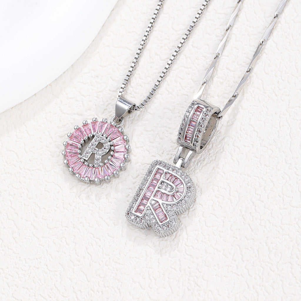 Hot-Selling Full Diamond Pink Rock Candy 26 Letter Pendant Necklace for Women Copper Inlaid Zircon Round Flower Jewelry Set 