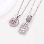 Hot-Selling Full Diamond Pink Rock Candy 26 Letter Pendant Necklace for Women Copper Inlaid Zircon Round Flower Jewelry Set 