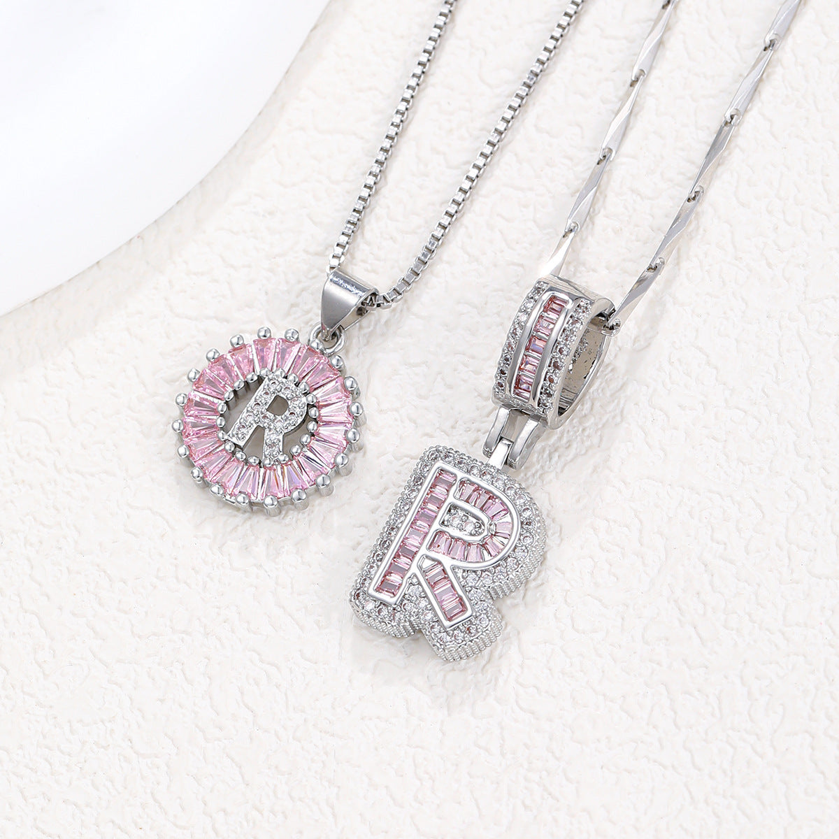 Hot-Selling Full Diamond Pink Rock Candy 26 Letter Pendant Necklace for Women Copper Inlaid Zircon Round Flower Jewelry Set 