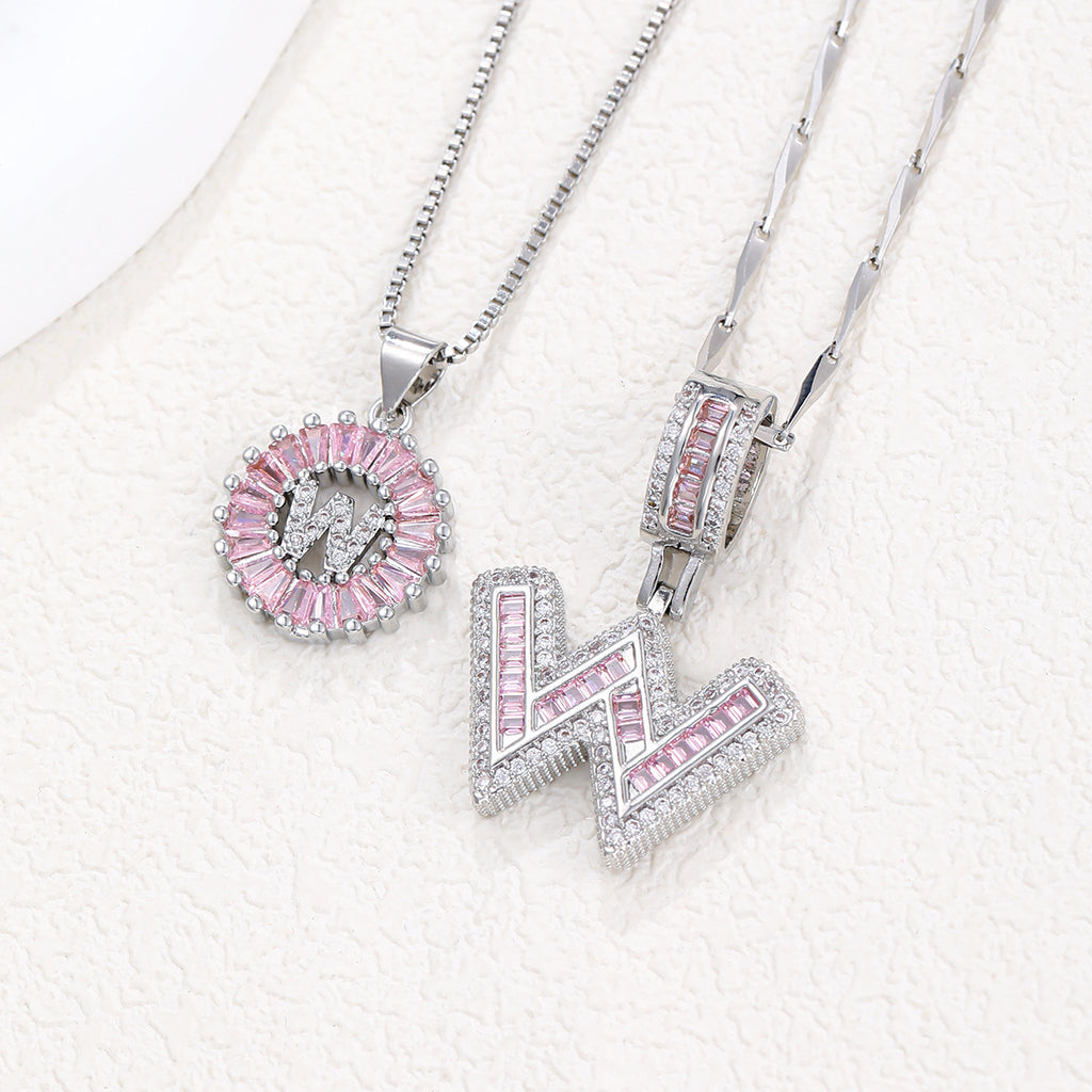 Hot-Selling Full Diamond Pink Rock Candy 26 Letter Pendant Necklace for Women Copper Inlaid Zircon Round Flower Jewelry Set 