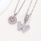Hot-Selling Full Diamond Pink Rock Candy 26 Letter Pendant Necklace for Women Copper Inlaid Zircon Round Flower Jewelry Set 