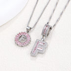 Hot-Selling Full Diamond Pink Rock Candy 26 Letter Pendant Necklace for Women Copper Inlaid Zircon Round Flower Jewelry Set 