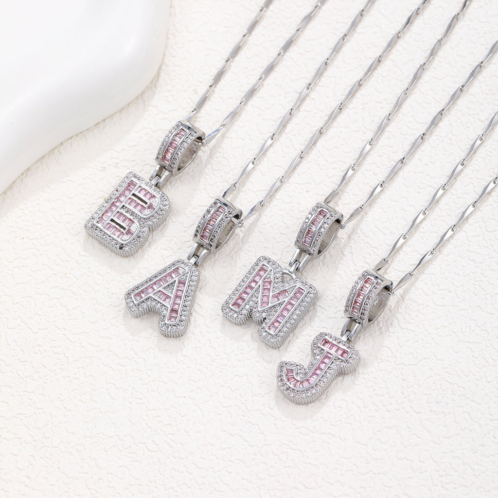 Hot-Selling Full Diamond Pink Rock Candy 26 Letter Pendant Necklace for Women Copper Inlaid Zircon Round Flower Jewelry Set 