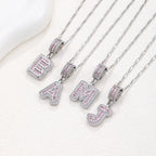 Hot-Selling Full Diamond Pink Rock Candy 26 Letter Pendant Necklace for Women Copper Inlaid Zircon Round Flower Jewelry Set 