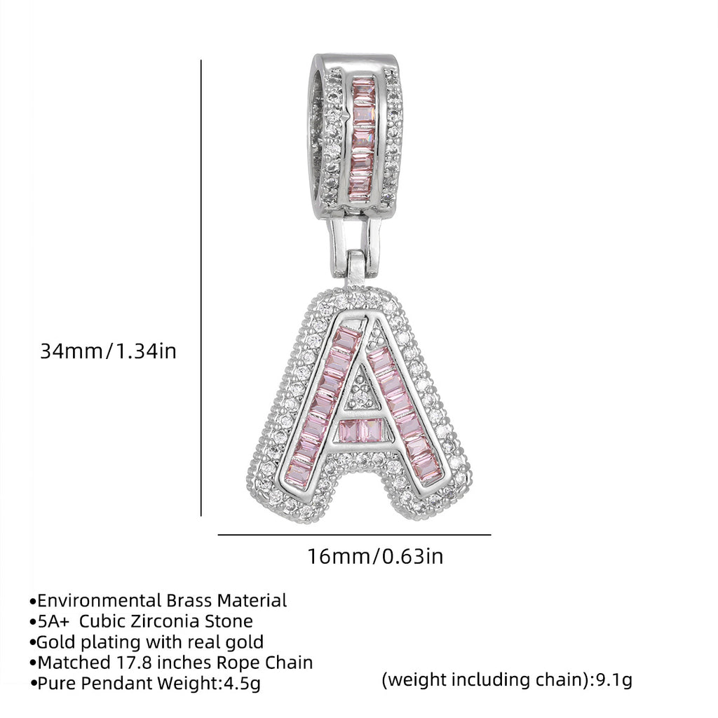 Hot-Selling Full Diamond Pink Rock Candy 26 Letter Pendant Necklace for Women Copper Inlaid Zircon Round Flower Jewelry Set 